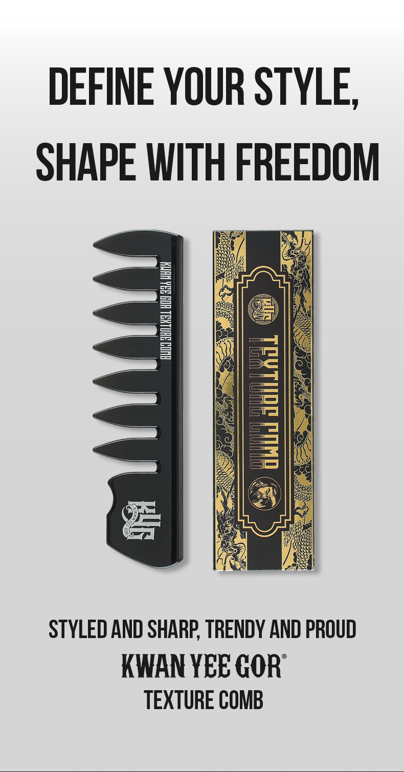 Kwan Yee Gor texture comb with packaging on a gray background