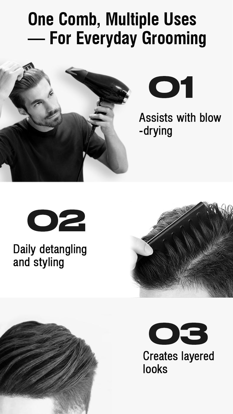 Person using a comb for grooming with text on multiple uses