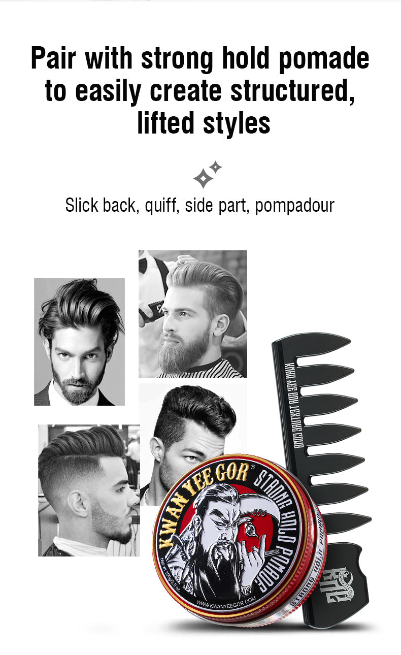 Pomade container with comb and styling examples on a white background