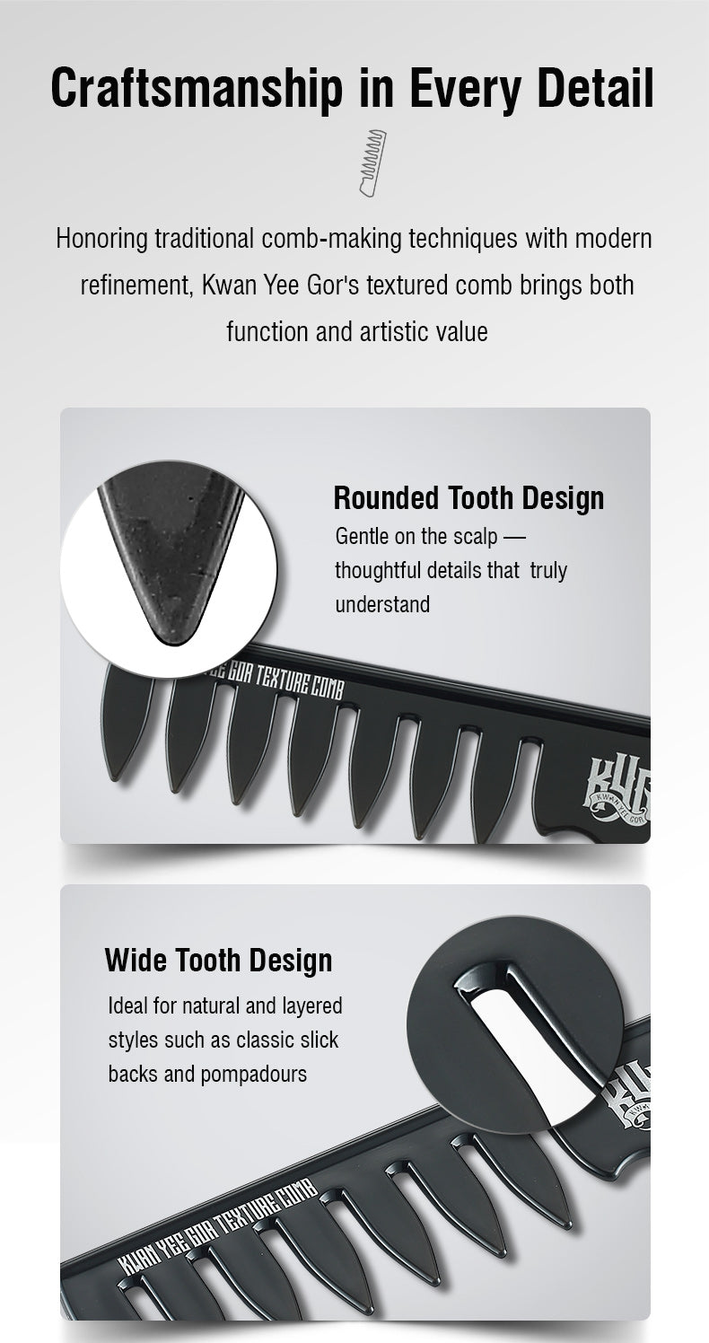 Textured comb packaging with rounded and wide tooth designs on a white background.