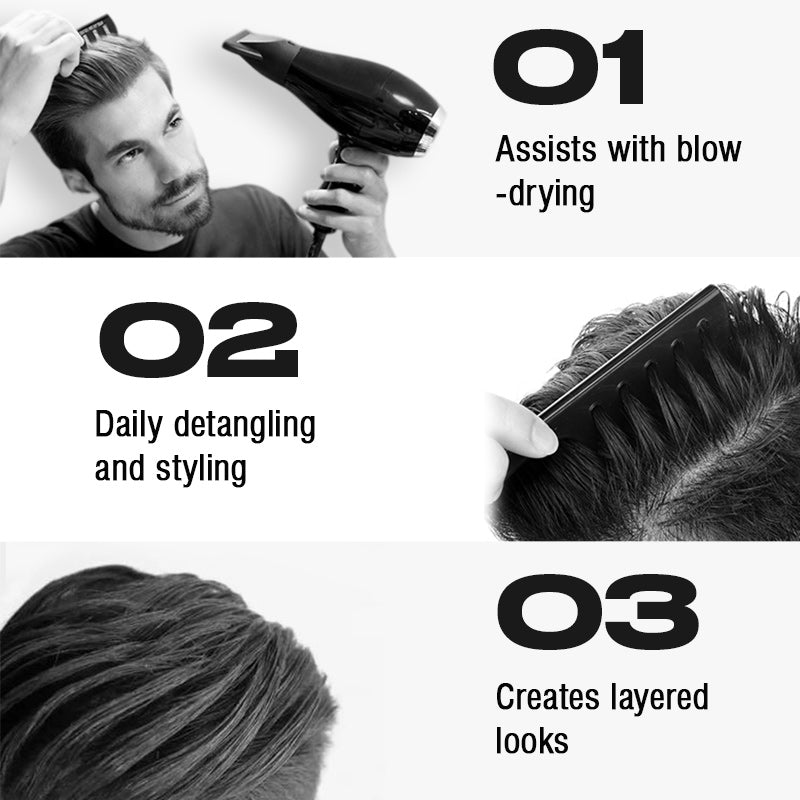 Person using a hairbrush with text indicating its uses for blow-drying, detangling, and styling.