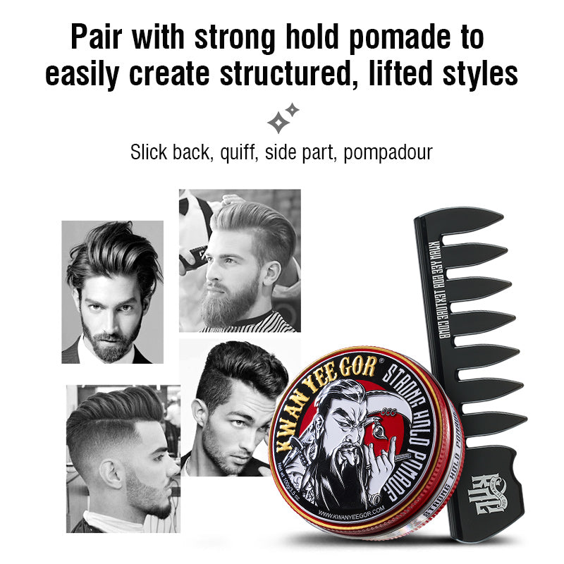 Hair pomade container with comb and styling tips on a white background