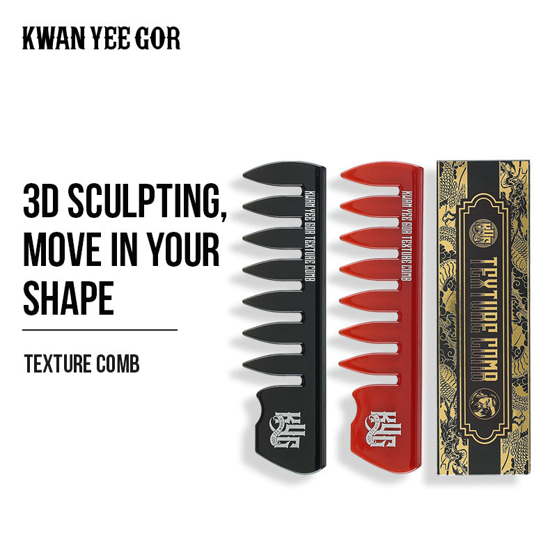 Two combs, one black and one red, with a decorative box on a white background, featuring the brand 'Kwan Yee Gor'.