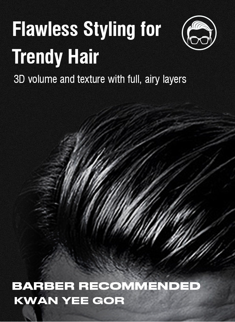 Advertisement for hair styling product with text 'Flawless Styling for Trendy Hair' and a close-up of styled hair.