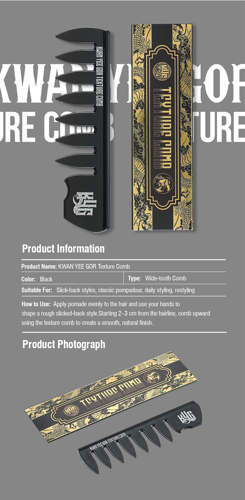 Black and gold comb with packaging on a gray background