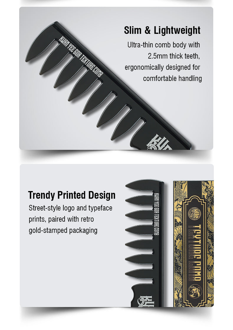 Black comb with text on packaging about its features