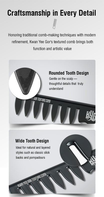 Textured comb packaging with rounded and wide tooth designs on a white background.