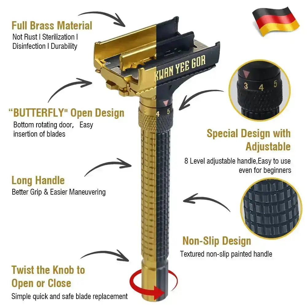 KWAN YEE GOR Double-Edge Safety Razor – Adjustable Brass Double-Edge Shaver with 10 Timor Blade KWAN YEE GOR